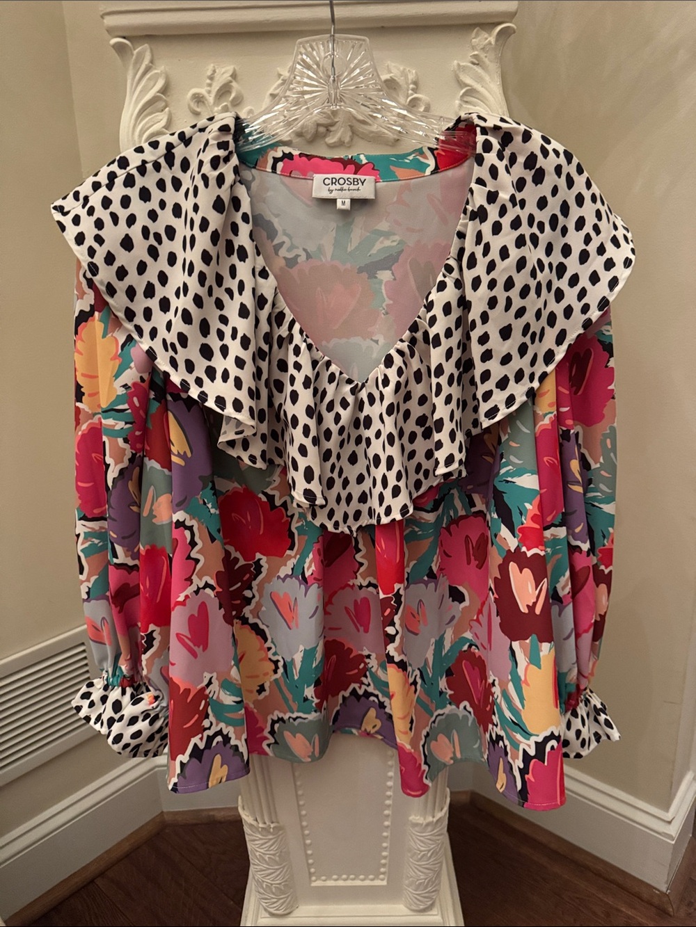 CROSBY by Mollie Burch Multicolor Floral Blouse with Black-and-White Ruffle